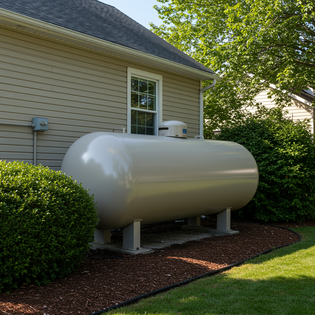 above-ground propane tank installed beside a suburban home with a tidy lawn under clear daylight